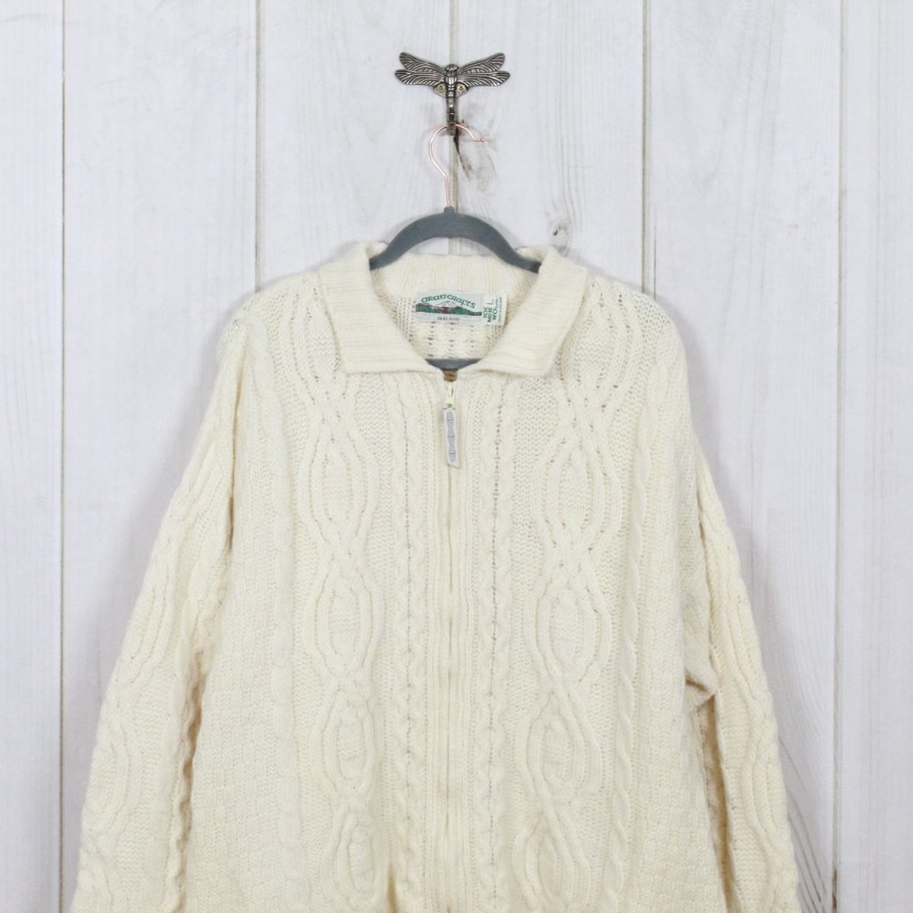 ARAN CRAFTS Merino Wool Full Zip Knit Sweater Sz L - Picture 2 of 12